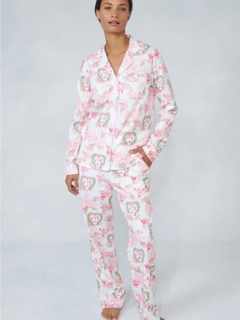 LoveShackFancy Pink Holiday Cherub Bow Pajama Set